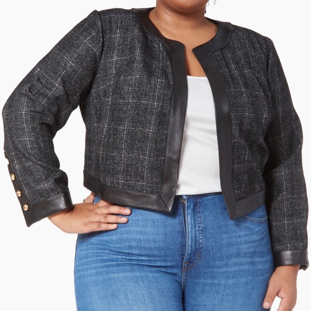 Pari Passu Jessica Black Tweed Cropped Jacket w Shoulder Pads (Sleeves Tailored)